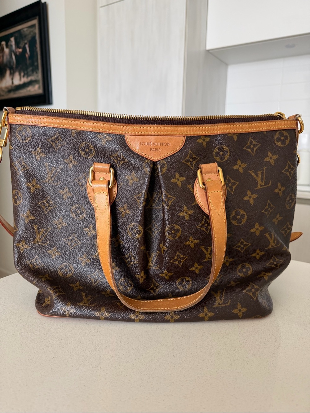 Louis Vuitton Brown Monogram Canvas Shoulder Bag with Tan Leather Trim